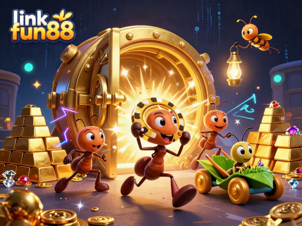 Experience excitement at link fun88 as ants carry a massive poker chip amidst treasures and casino elements, creating a vibrant scene.