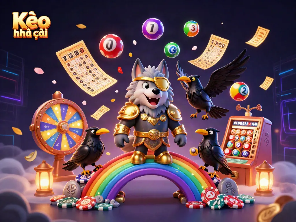 Engage with Kèo nhà cái's dynamic scene featuring a golden-eyed Odin wolf surrounded by colorful gambling elements.