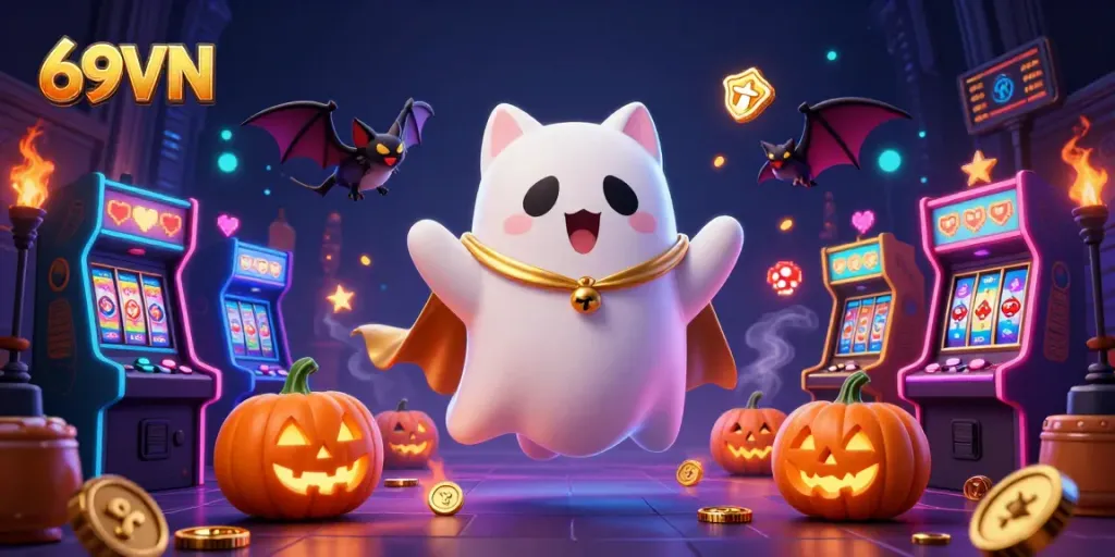 Experience thrilling slots and games at 69VN with a friendly ghost cat and poker-themed pumpkins.