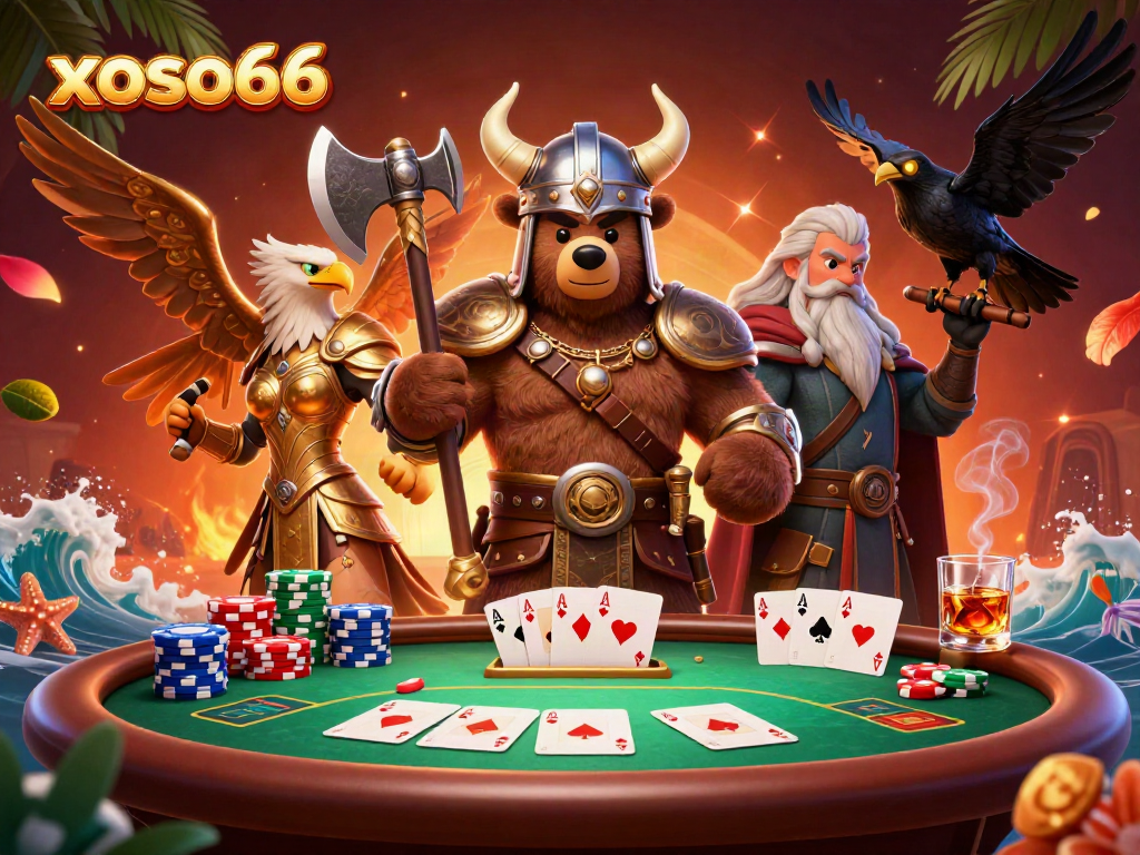 Engage in thrilling poker action with xoso66's Viking bear and Valkyrie characters.