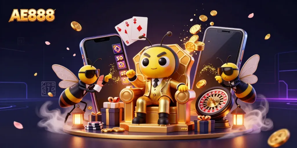 AE888 casino scene featuring a cartoon mob boss and wasp bodyguards amidst vibrant gaming elements.