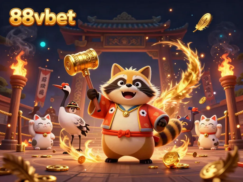 Engage with exciting gaming vibes at 88vbet featuring cheerful tanuki, a crane, and lucky cats.