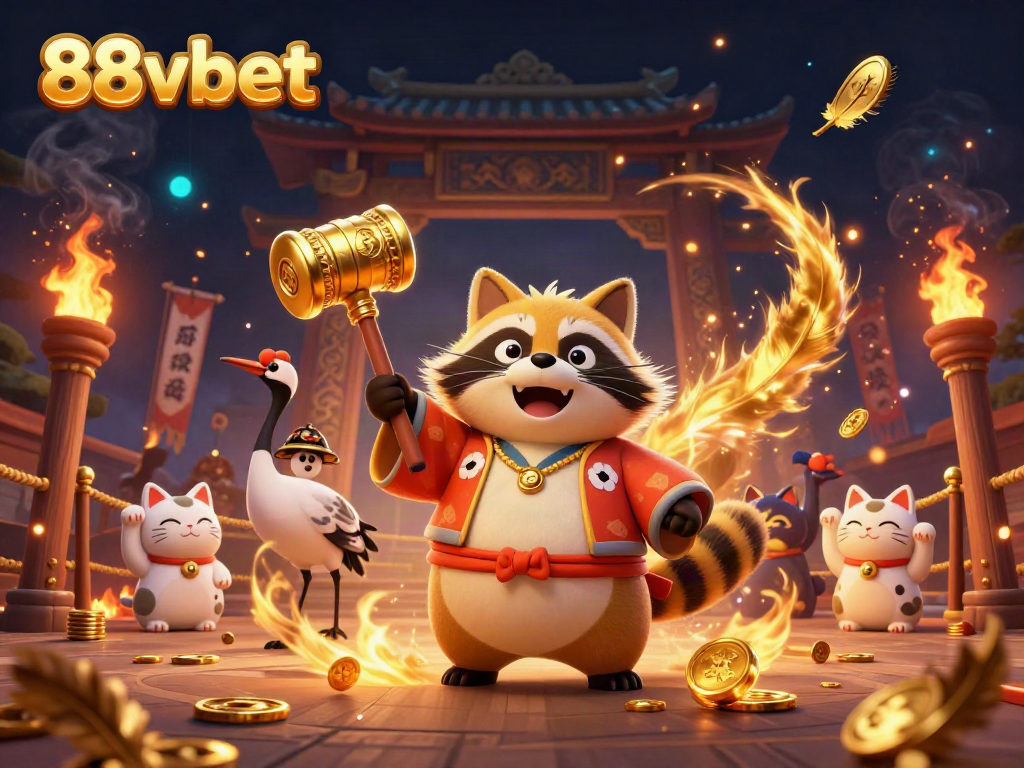 Engage with exciting gaming vibes at 88vbet featuring cheerful tanuki, a crane, and lucky cats.