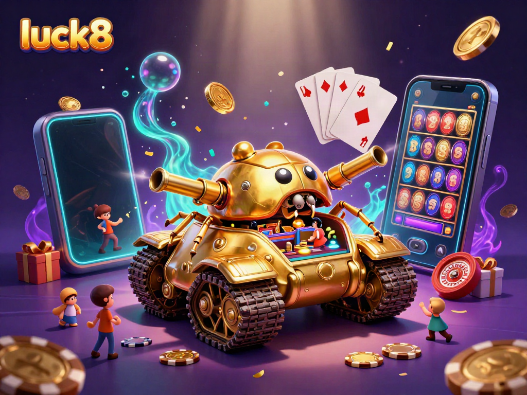 Experience winning excitement with luck8 in a vibrant 3D casino scene featuring a golden beetle tank and slot games.