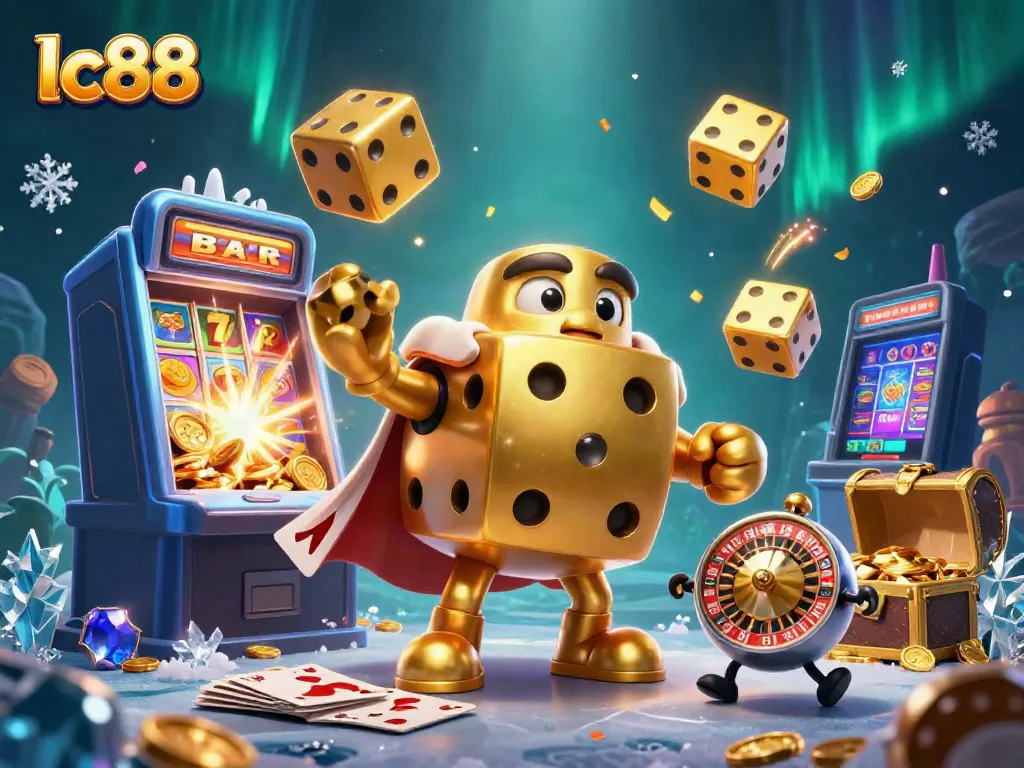 Engage with lc88's vibrant casino experience featuring golden dice characters, bursting jackpots, and colorful game elements.