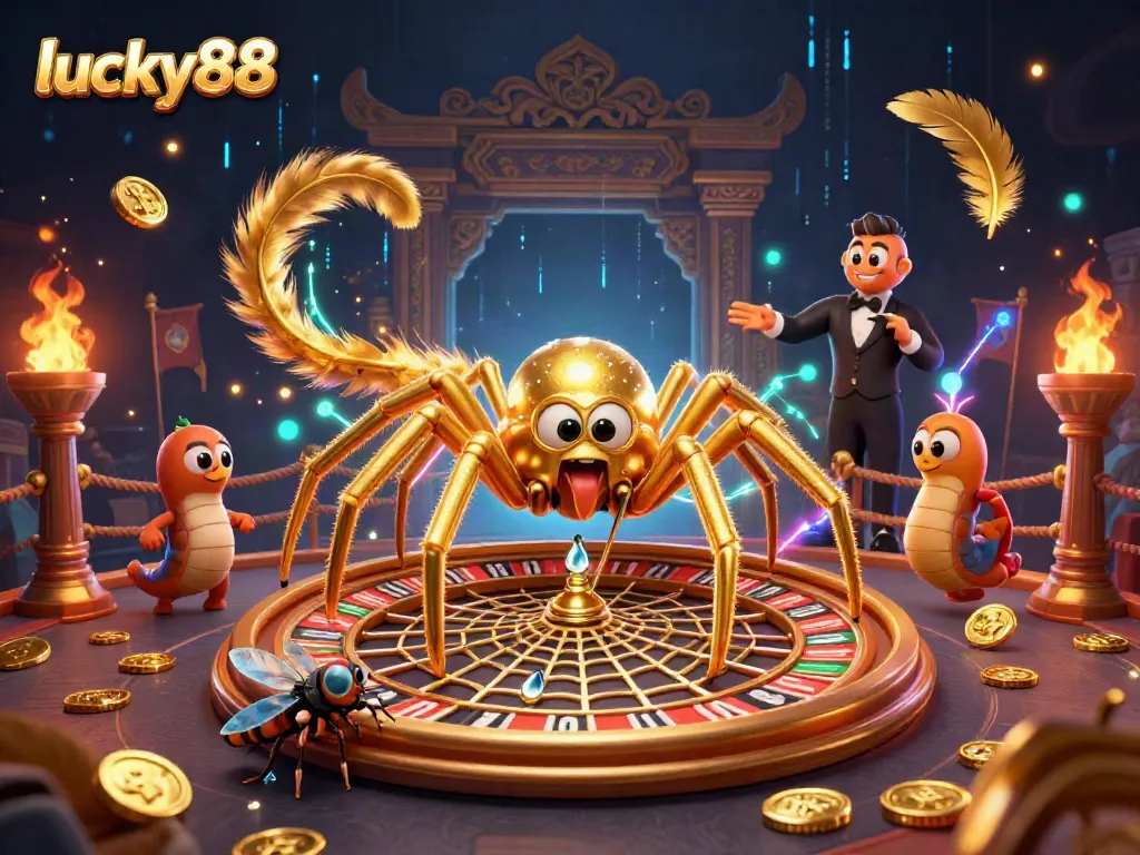 Engaging scene showcasing lucky88 with a golden spider and centipede croupier amid exciting casino-themed elements.