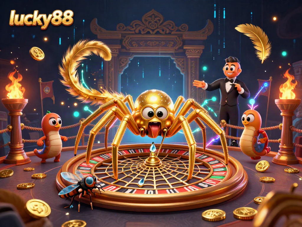 Engaging scene showcasing lucky88 with a golden spider and centipede croupier amid exciting casino-themed elements.