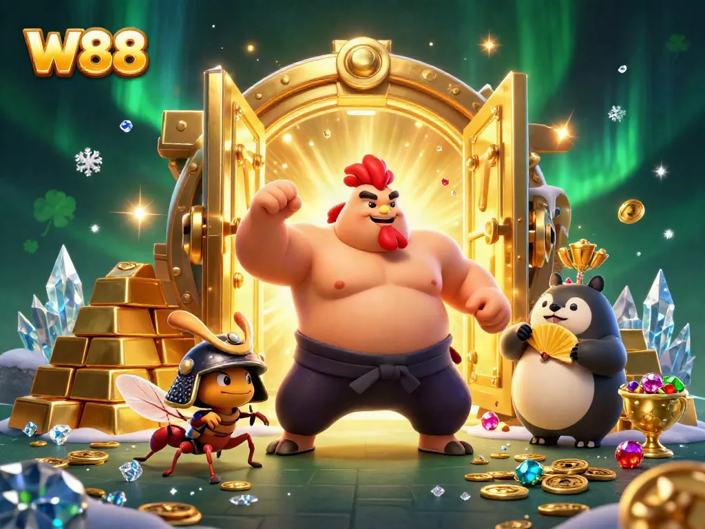 W88 features vibrant casino elements with a powerful sumo wrestler and samurai cricket amidst gold treasures.