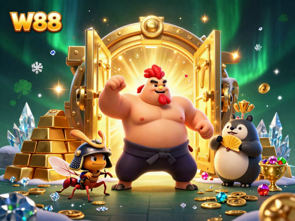 W88 features vibrant casino elements with a powerful sumo wrestler and samurai cricket amidst gold treasures.