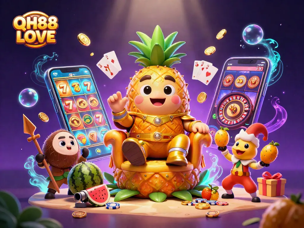 Experience thrilling action with QH88 LOVE as the golden pineapple king rules over a vibrant beach casino.