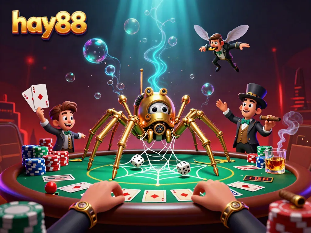 Experience thrilling gameplay at hay88 with a whimsical steampunk spider trapping dice amidst vibrant poker elements.