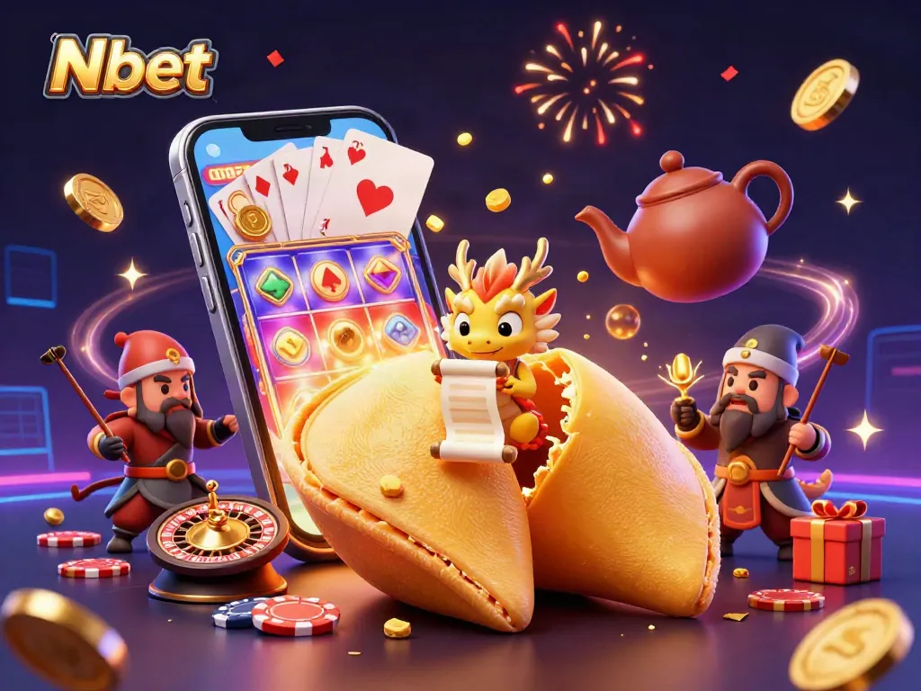 Engage in thrilling play with Nbet's vibrant illustrations featuring golden fortune cookies and casino magic.