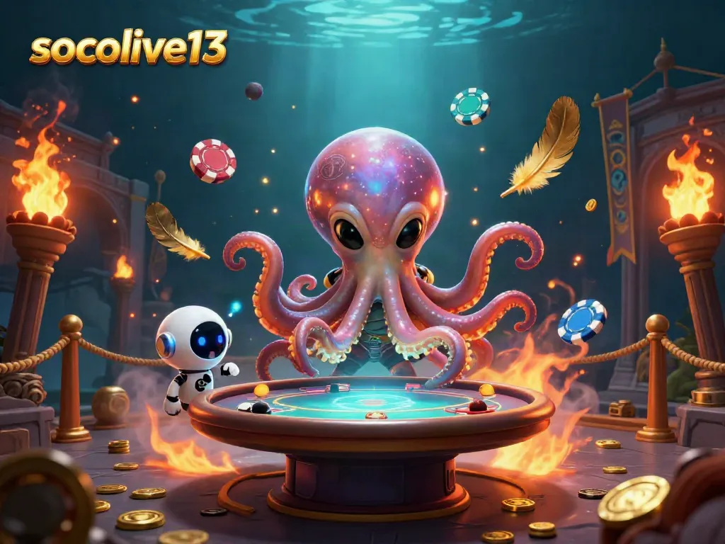 Experience the excitement of socolive13 with the alien octopus hosting a poker game among swirling cosmic elements.