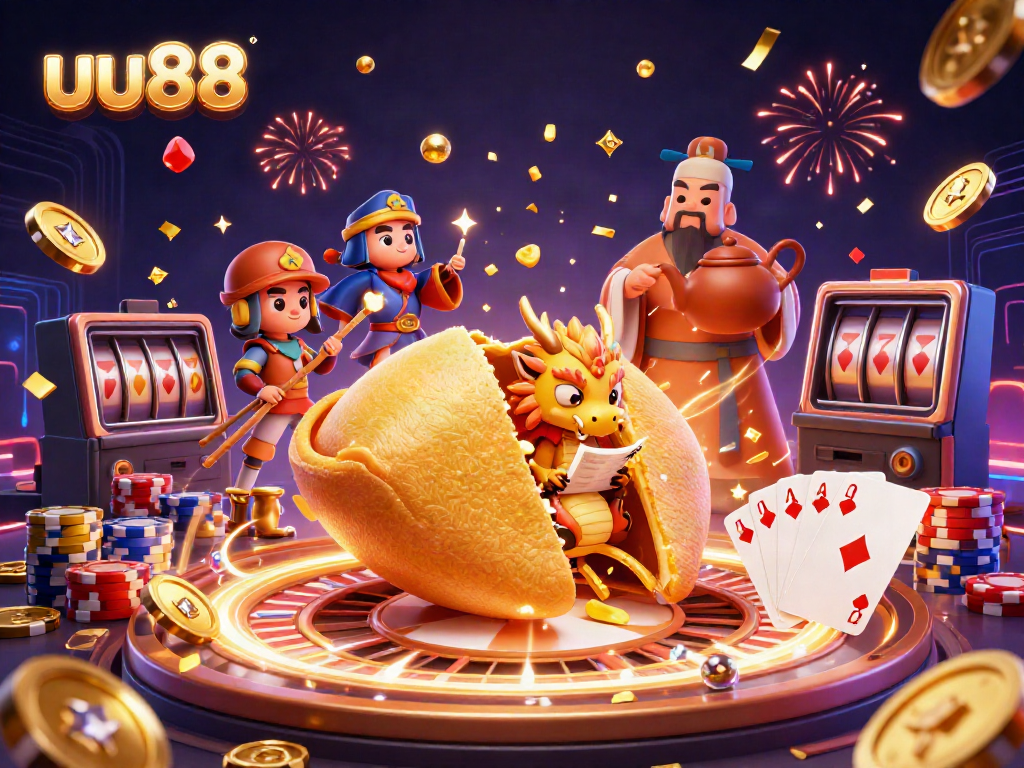 uu88 showcases an exciting casino experience with dynamic characters, gold coins, and vibrant gaming elements.