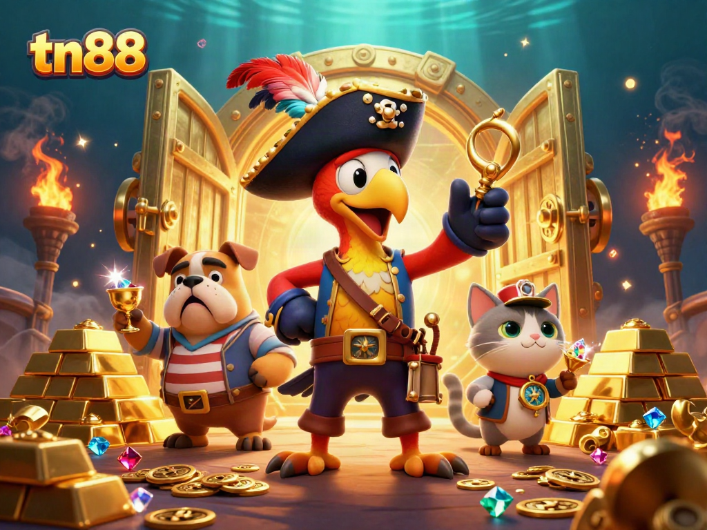Experience thrilling tn88 casino adventures with pirate characters, treasure, and gems in vibrant 3D.