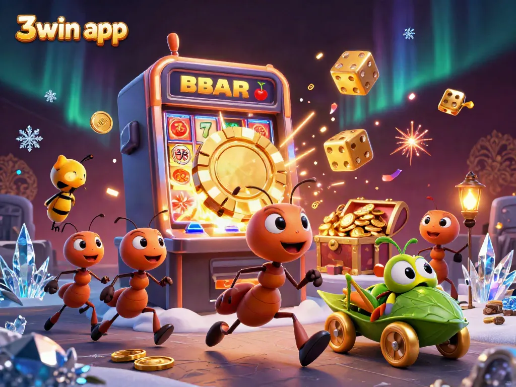 Experience the thrilling 3win app, where playful ants on a heist joyfully navigate through a vibrant casino world.
