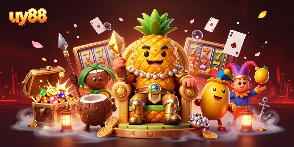 Bet on excitement with uy88's vibrant casino scene featuring a golden pineapple king.