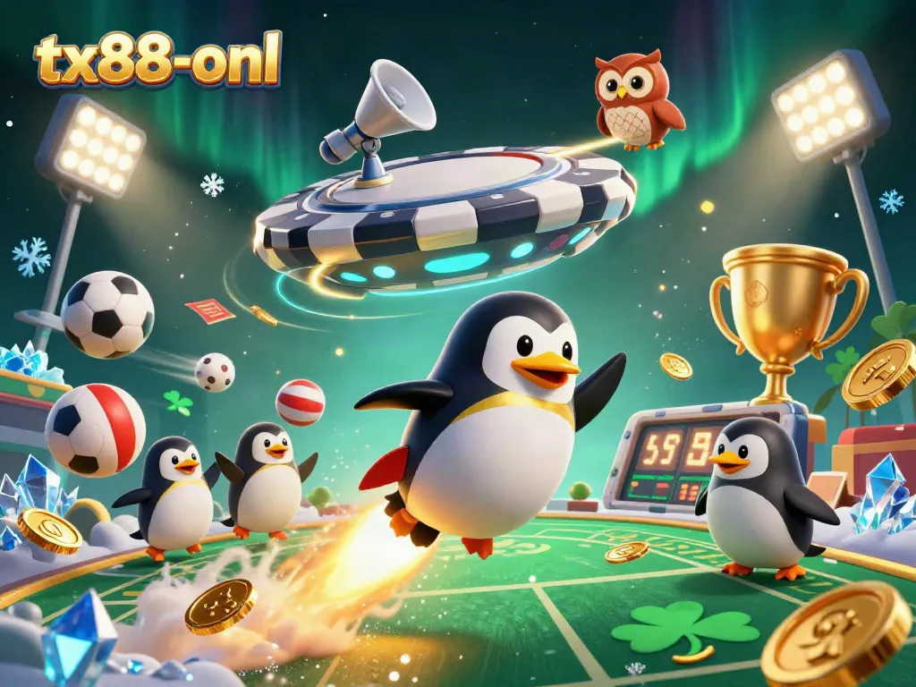Experience thrilling gaming action with tx88-onl as the penguin races towards the casino star station.