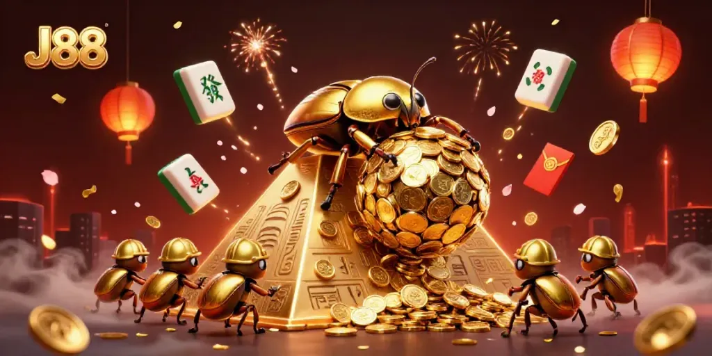 Engage with J88's vibrant casino scene featuring golden beetles and festive elements.