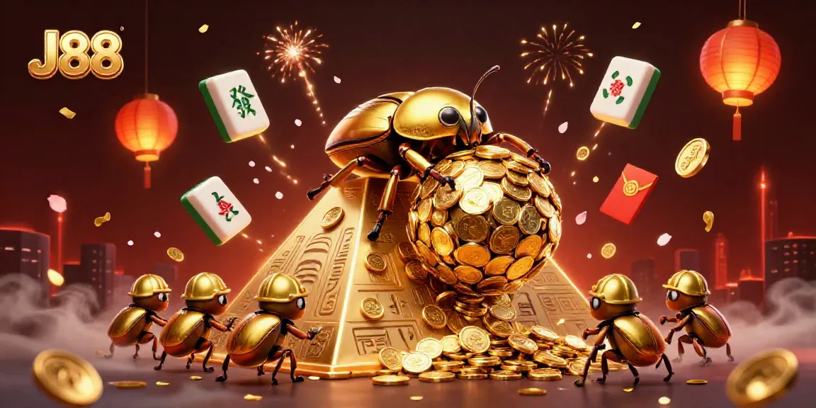 Engage with J88's vibrant casino scene featuring golden beetles and festive elements.
