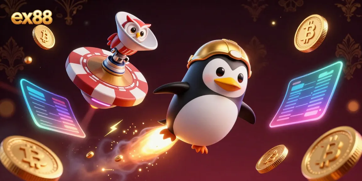 Experience ex88 gaming with a golden penguin rocket blasting coins, showcasing digital currency elements.