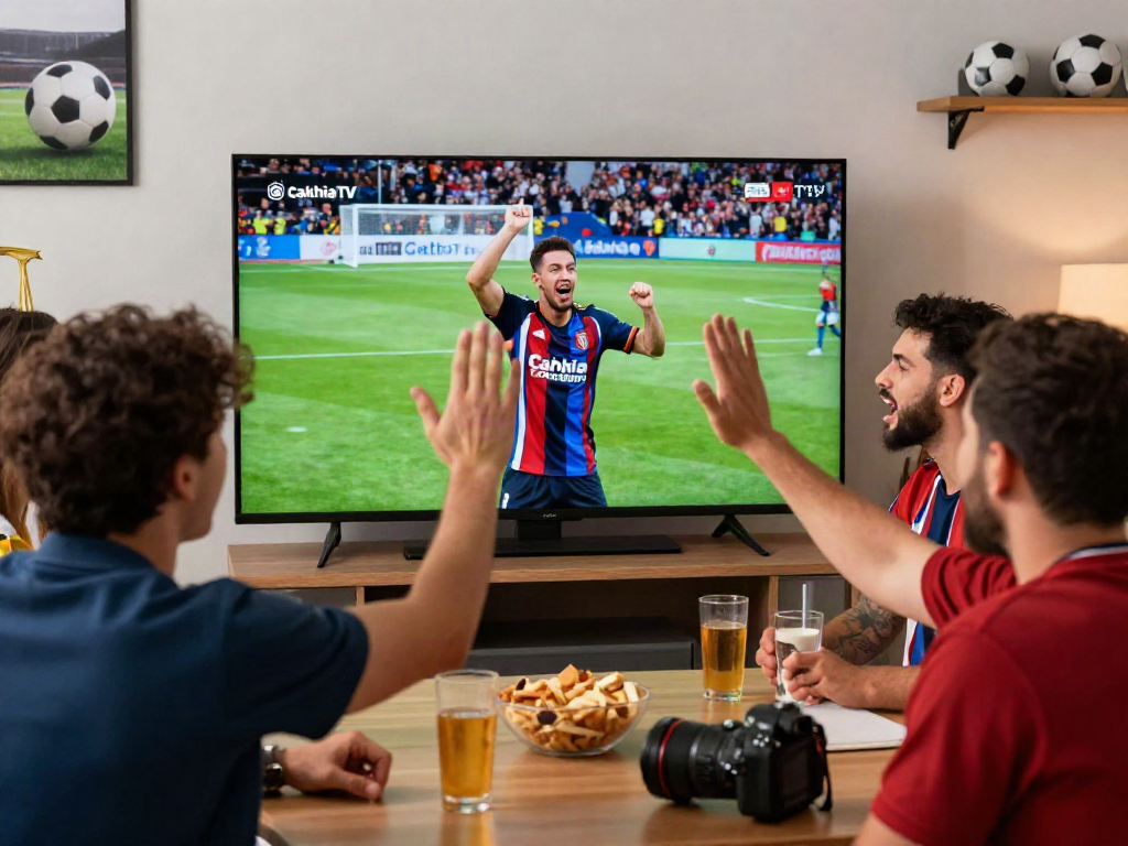 Excited soccer fans enjoying a match on CakhiaTV, celebrating with snacks and drinks.