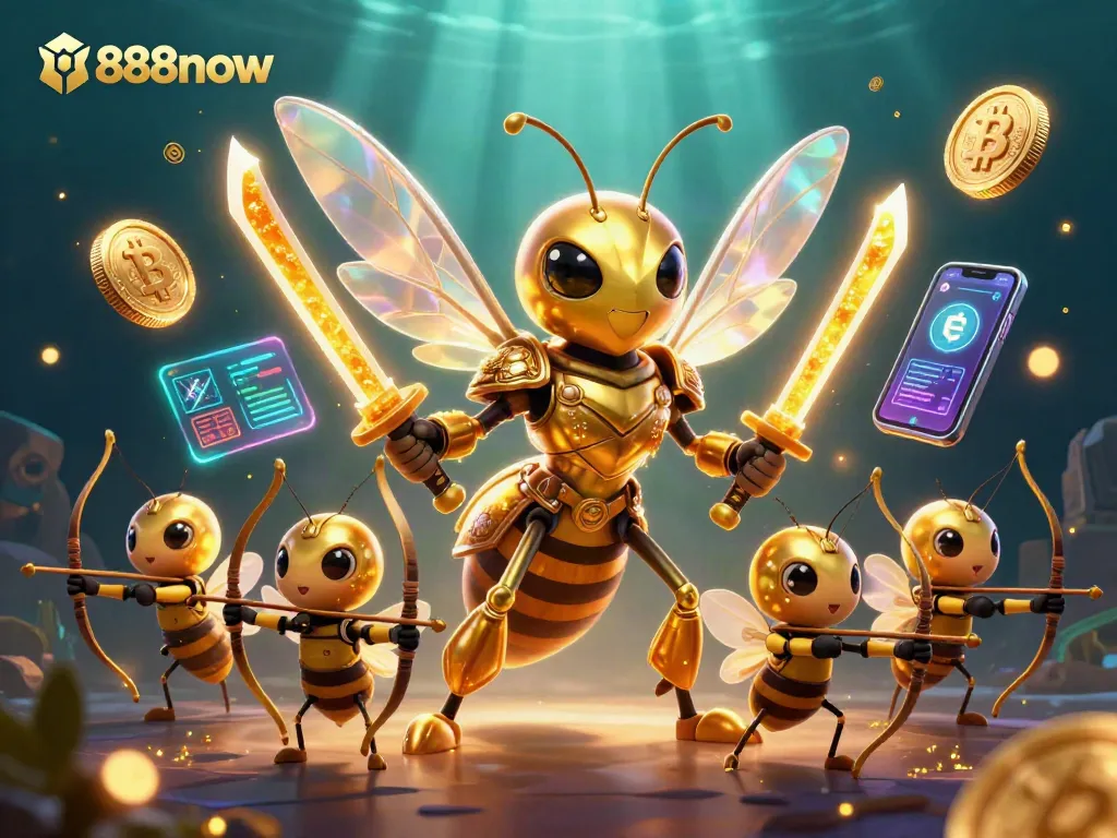 Engage with 888now's diverse offerings in this vibrant 3D illustration of a samurai hornet surrounded by crypto elements and casino games.