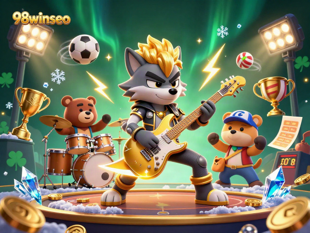 Experience dynamic action with 98winseo as the rock star wolf performs amidst vibrant casino elements.