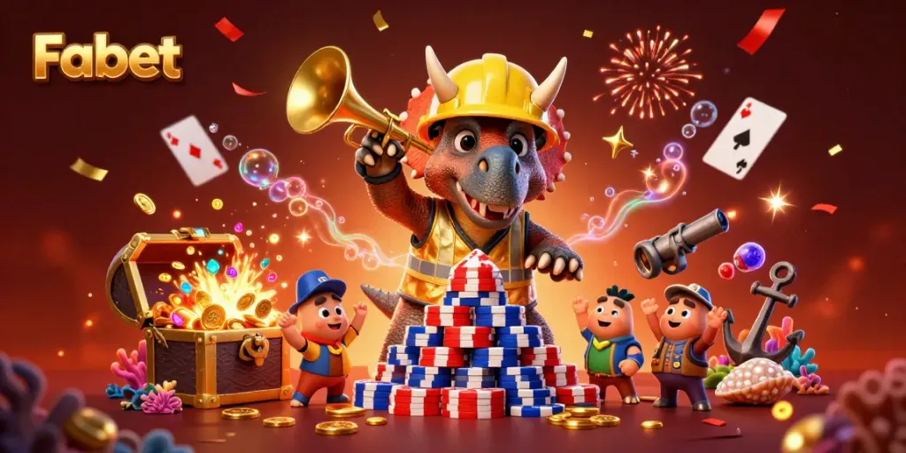 Fabet celebrates with vibrant 3D cartoon characters in a festive casino-themed scene.