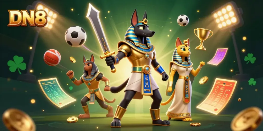 Experience the thrill of betting with DN88, showcasing Anubis and Bastet amidst dynamic sports elements and glowing hieroglyphs.