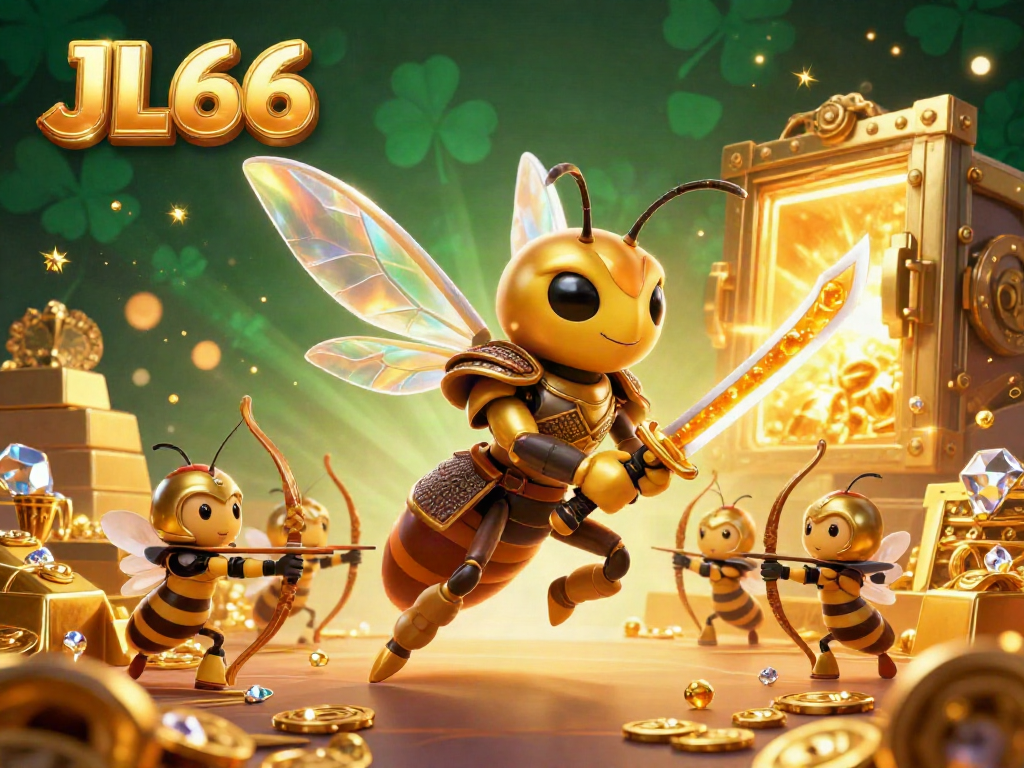 Engage your luck at JL66 casino with a vibrant 3D illustration featuring dynamic characters, treasure, and jackpot excitement.