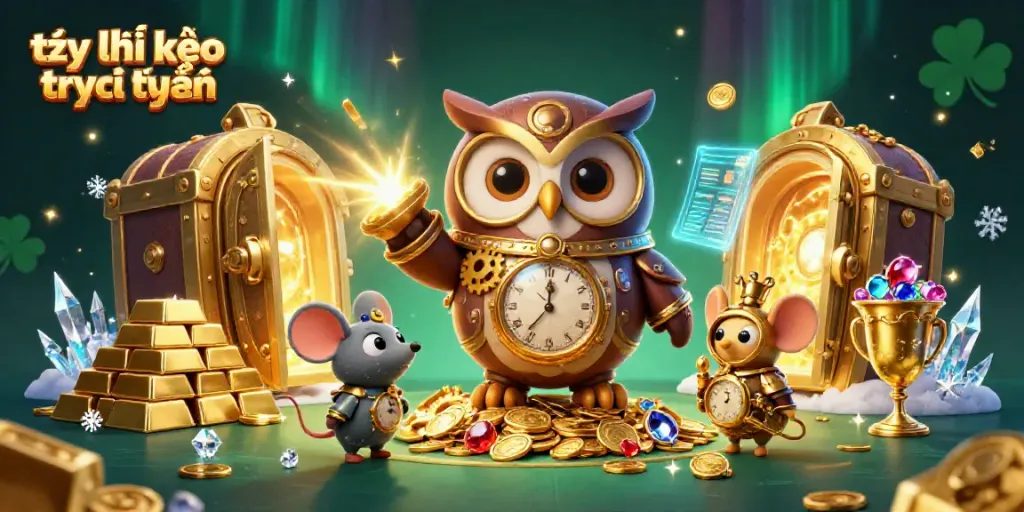 Engage in tỷ lệ kèo trực tuyến with time-traveling owl and steampunk elements depicting vibrant sports betting