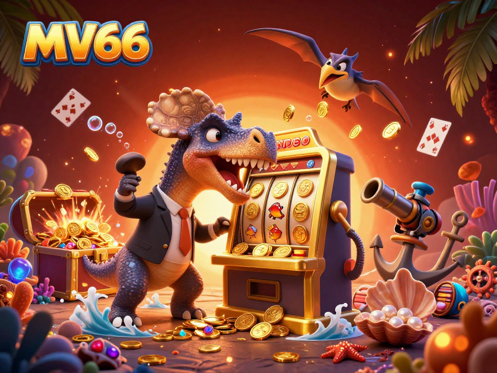 MV66 casino scene showing pachycephalosaurus celebrating jackpot wins, alongside animated casino elements.