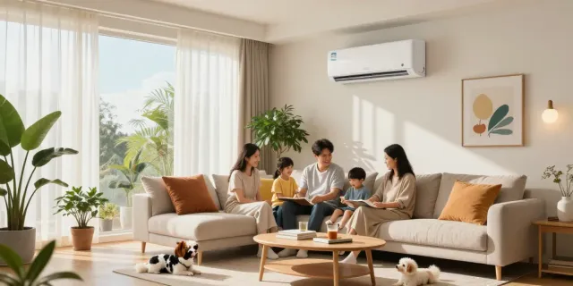 Family enjoying comfort in a modern living room with a mini split cooling system.