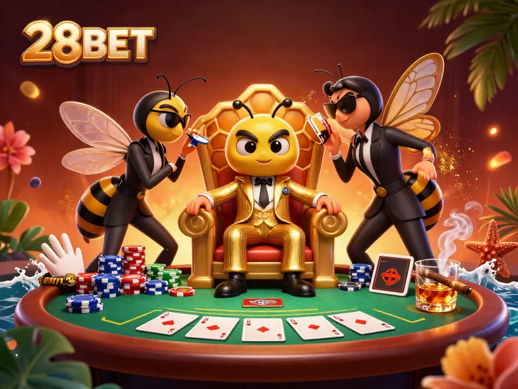 Experience thrilling gameplay with the 28BET casino featuring vibrant 3D illustrations of a poker scene.