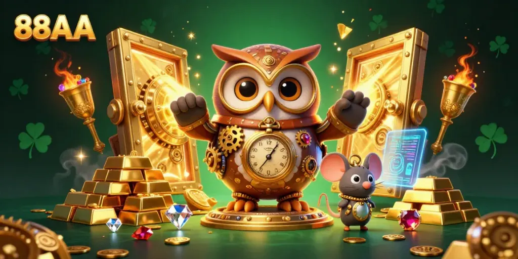 88AA showcases a vibrant steampunk casino adventure with an owl and mouse amidst treasures.