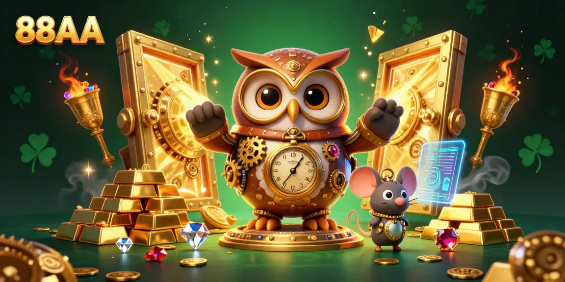 88AA showcases a vibrant steampunk casino adventure with an owl and mouse amidst treasures.
