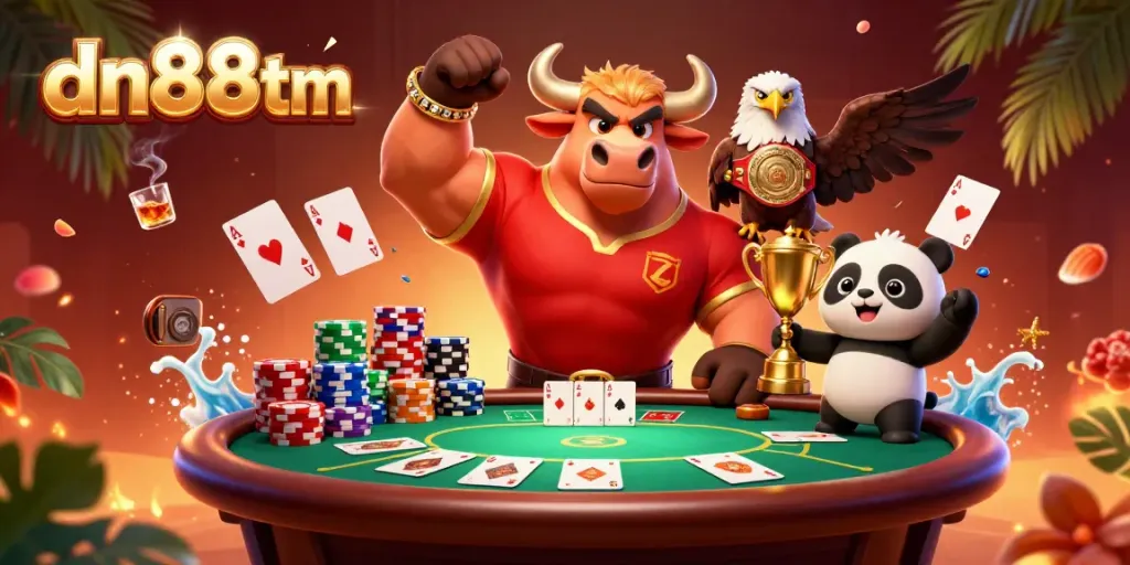 Engaging scene of dn88tm with a bull mascot, eagle, and panda celebrating over poker chips.