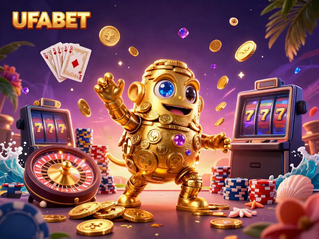 Engage with UFABET's vibrant casino world featuring golden golem, coins, and winning cards.
