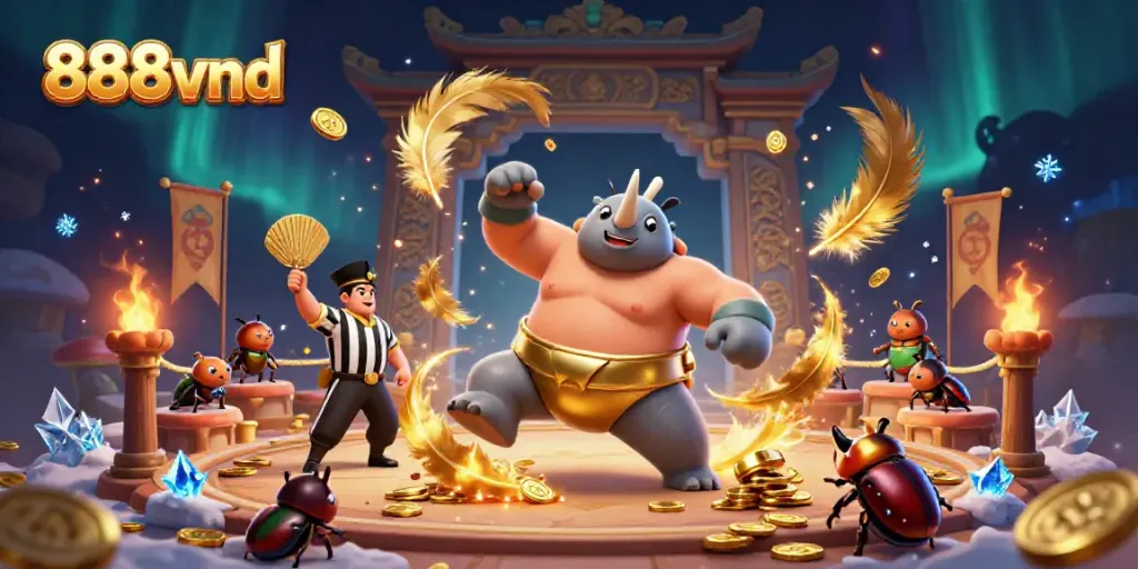 Experience 888vnd's thrilling gameplay with vivid scenes of beetle champions and dynamic casino action.