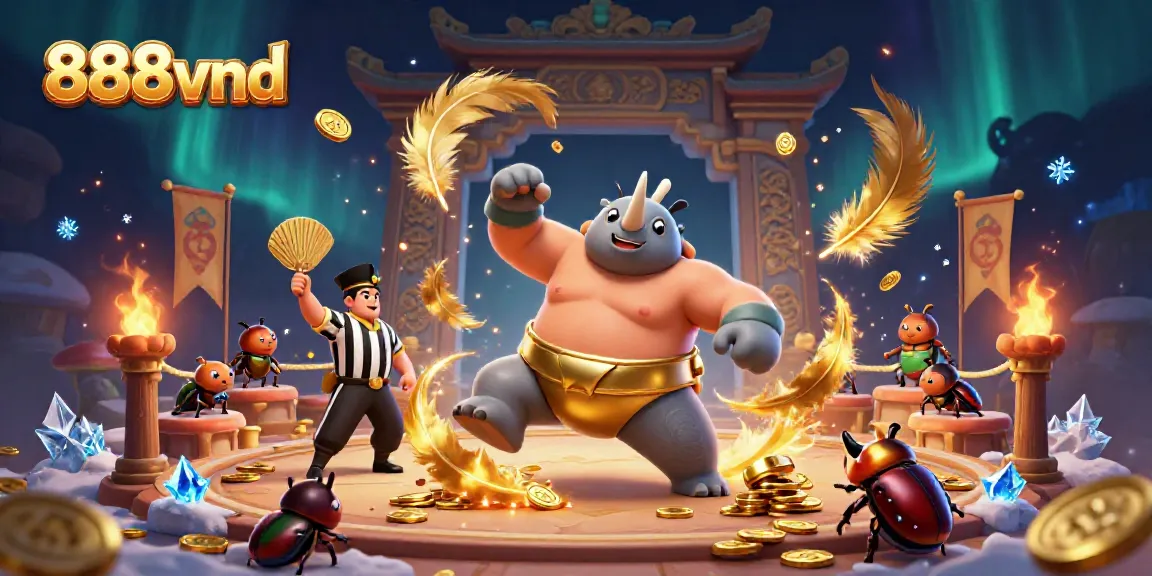 Experience 888vnd's thrilling gameplay with vivid scenes of beetle champions and dynamic casino action.