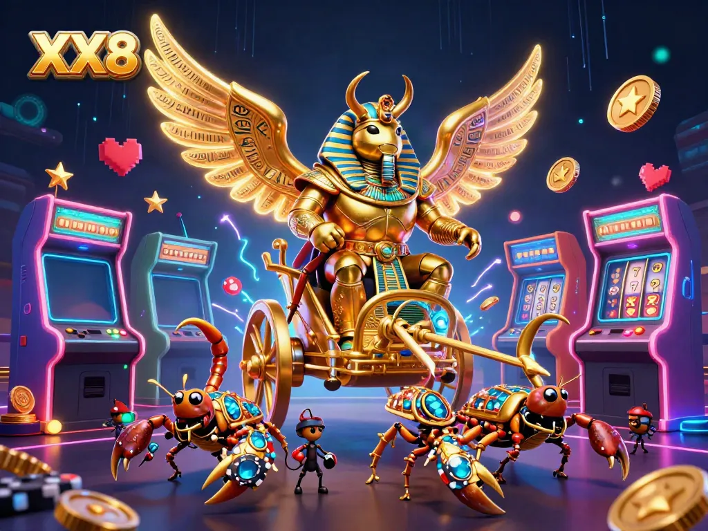 Experience dynamic casino action with XX8's stunning characters and gaming elements in vibrant 3D illustration.