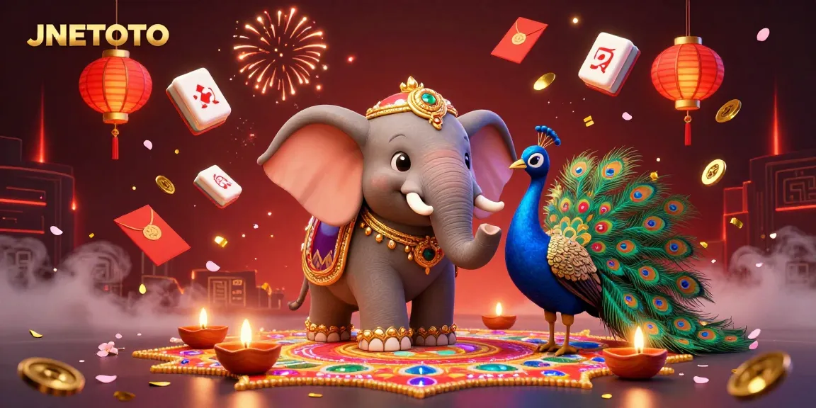 Experience the vibrant world of JNETOTO with a festive 3D illustration showcasing a Diwali-themed elephant and peacock amidst colorful decorations.