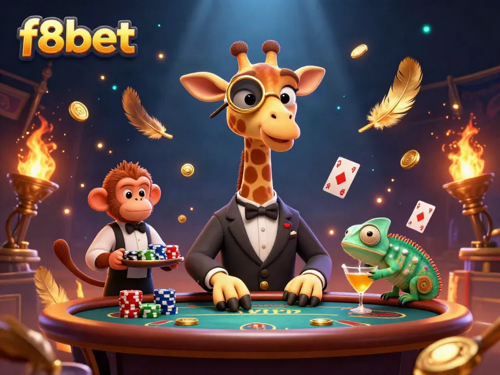 Experience high-stakes poker at f8bet with a giraffe in a suit, monkey valet, and chameleon bartender.