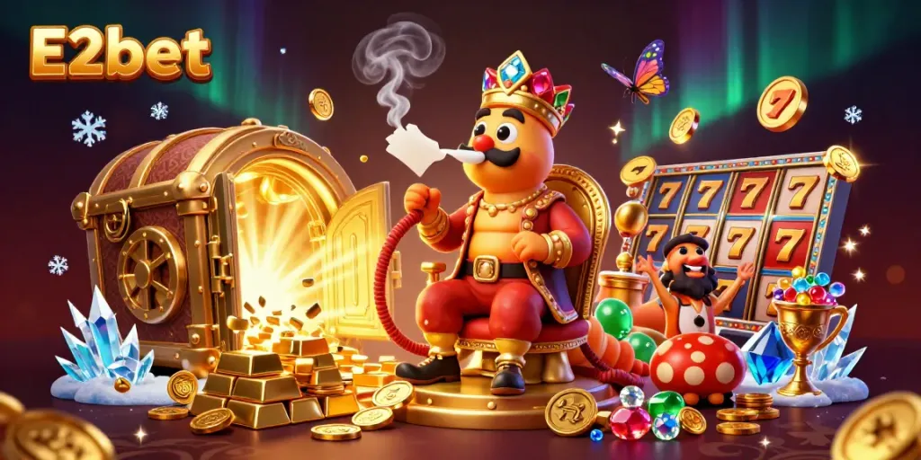 E2bet showcases a vibrant 3D casino scene with a caterpillar and rich gaming elements, enhancing your betting experience.