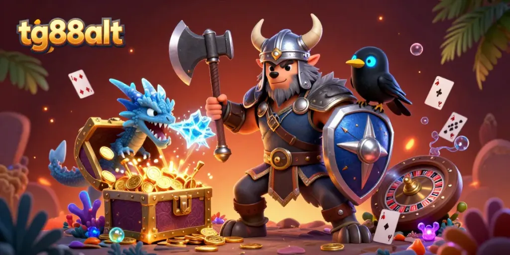 Experience thrilling gameplay with tg88alt as a Viking wolf warrior battles alongside a dragon and raven in a dynamic casino scene.