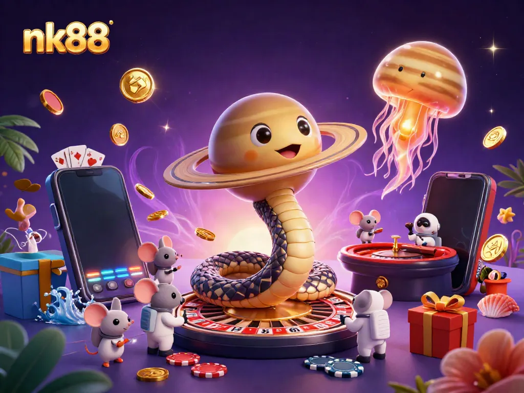 Engaging gamblers with nk88's vibrant cosmic-themed casino illustration, featuring a snake and cosmic dealer.