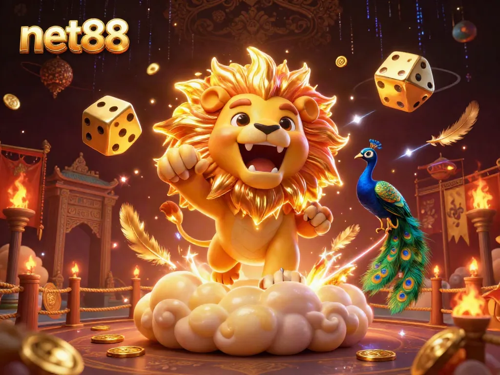 Experience thrilling wins with net88 as the sun lion roars beside golden dice and vibrant casino elements.