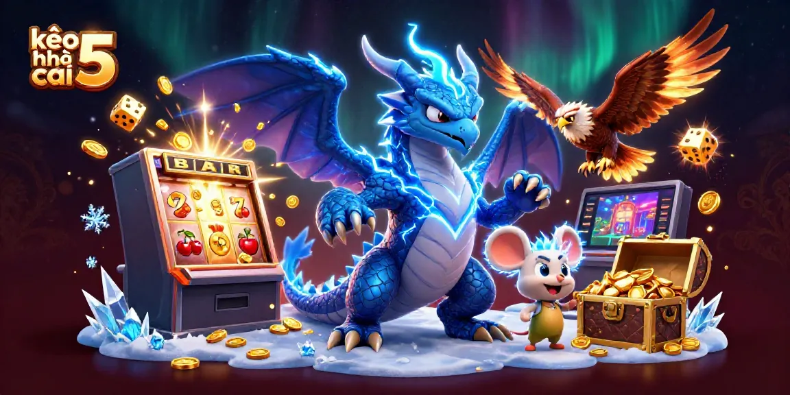 Kèo nhà cái 5 showcases an electric thunder dragon amidst dynamic sports betting elements and vibrant casino imagery.