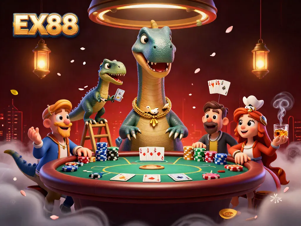 Engage with EX88's vibrant casino scene featuring cartoon dinosaurs and dynamic poker action.